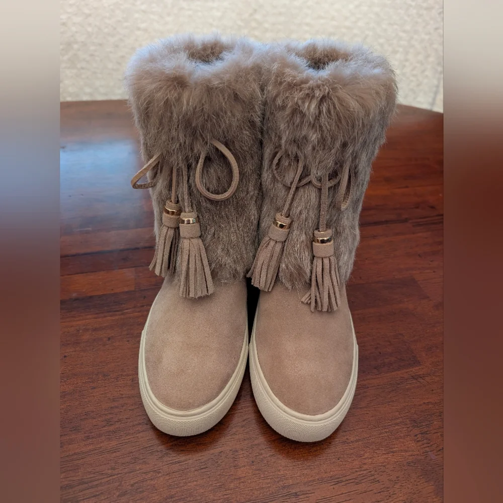 Tory Burch Angelica Tan Rabbit Fur And Suede Tassel Boots - Picture 3 of 5